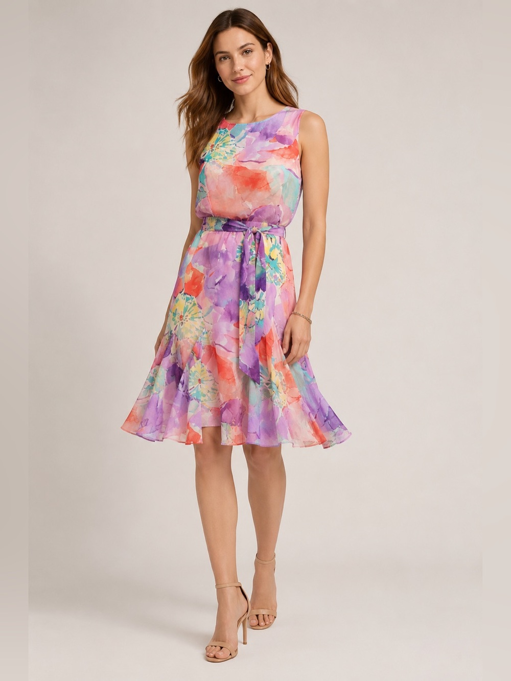 Lauren Ralph Lauren Multi Floral Georgette Belted Flounce Dress 6